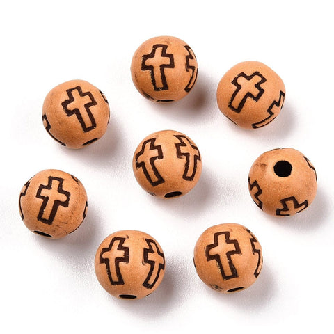 BeadsBalzar Beads & Crafts (AC9049A) Acrylic Imitation Wood Cross Pattern, Sandy Brown 8mm (+/- 100PCS)