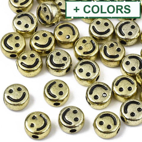 BeadsBalzar Beads & Crafts (AS9056-X) Acrylic Beads, Flat Round with Black Smiling Face, 7x4mm (+/- 100PCS)