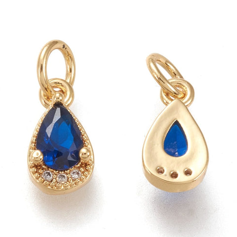BeadsBalzar Beads & Crafts BLUE Brass Micro Pave Clear Cubic Zirconia Charms, Long-Lasting Plated, Real 18K Gold Plated, Teardrop, 10.5x5.5x3.5mm
