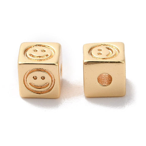 BeadsBalzar Beads & Crafts Brass Beads, Cube with Smiling Face Pattern, Real 18K Gold Plated, 4x4x4mm