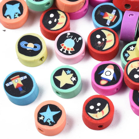 BeadsBalzar Beads & Crafts (CB9172-52) Polymer Clay, Flat Round with Space Theme Pattern, Mixed Color, 9~10x4~5mm (1 STR)