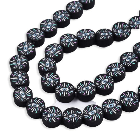 BeadsBalzar Beads & Crafts (CB9184-B01) Polymer Clay Beads, Flat Round with Eye, Black, 9~10x4.5~5mm (40 PCS)