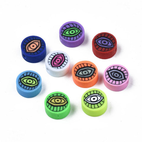 BeadsBalzar Beads & Crafts (CB9185-045) Polymer Clay Beads, Flat Round with Eye, Mixed Color, 9~10x4~5mm (30 PCS)