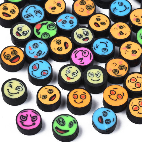 BeadsBalzar Beads & Crafts (CB9186-037) Polymer Clay Beads, Flat Round with Expression, Mixed 9~10mm (30 PCS)
