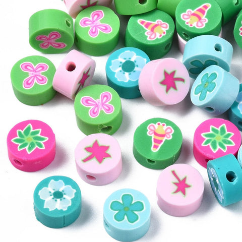 BeadsBalzar Beads & Crafts (CB9187-49) Polymer Clay Beads, Flat Round with Plant/Animal, Mixed Color, 9~10x4~5mm (30 PCS)