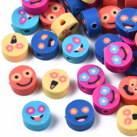 BeadsBalzar Beads & Crafts (CB9187-50) Polymer Clay Beads, Flat Round with Expression, Mixed Color, 9~10x4~5mm (30 PCS)