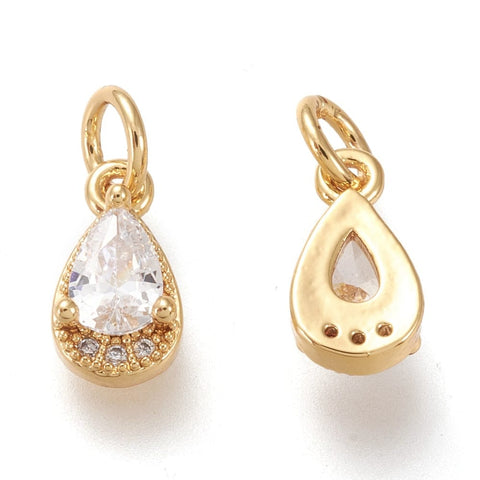 BeadsBalzar Beads & Crafts CLEAR Brass Micro Pave Clear Cubic Zirconia Charms, Long-Lasting Plated, Real 18K Gold Plated, Teardrop, 10.5x5.5x3.5mm