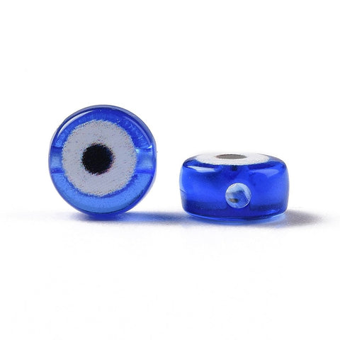 BeadsBalzar Beads & Crafts (GE9064-01) Transparent Acrylic Beads, Flat Round with Evil Eye Pattern, Medium Blue, 7x4mm (40 PCS)