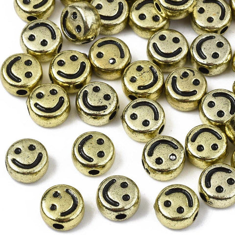BeadsBalzar Beads & Crafts GOLDEN (AS9056-G) (AS9056-X) Acrylic Beads, Flat Round with Black Smiling Face, 7x4mm (+/- 100PCS)