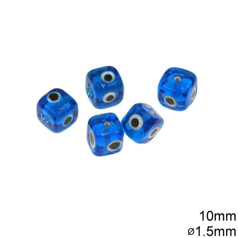 BeadsBalzar Beads & Crafts (GTG8959A) Glass Evil Eye Cube Bead 10mm with Hole 1.5mm BLUE (10 PCS)