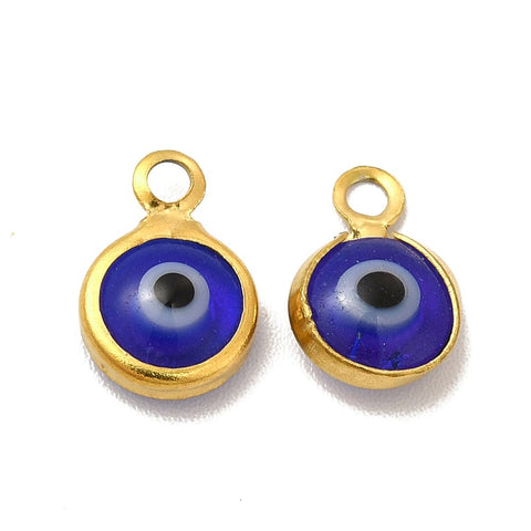 BeadsBalzar Beads & Crafts ION GOLD PLATED / BLUE (SE8940-IGP) (SE8940-X) 304 Stainless Steel with Glass Enamel with Evil Eye, 9.5x6.5mm (6 PCS)