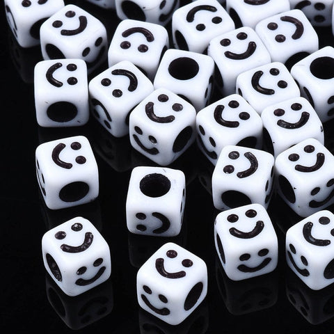BeadsBalzar Beads & Crafts Opaque Acrylic Beads, Cube with Smiling Face, White Size: about 6x6mm