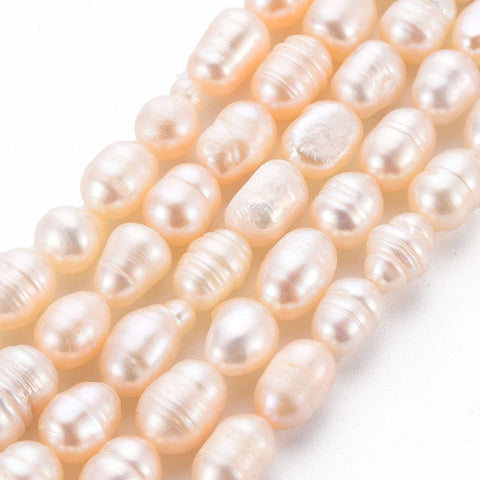 BeadsBalzar Beads & Crafts (PE8906-14E) Natural Cultured Freshwater Pearl Beads, Rice, Seashell Color, 7~9mm (1 STR)