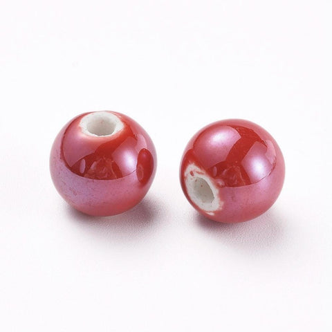 BeadsBalzar Beads & Crafts RED (CB8994-15) (CB8994-X) Handmade Porcelain Beads, Pearlized, Round, Red 10mm (10 PCS)