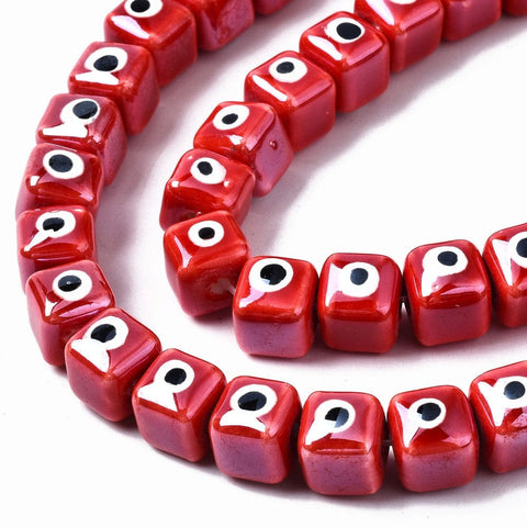 BeadsBalzar Beads & Crafts RED (CE8927-G) (CE8927-X) Porcelain Ceramic, Bright Glazed Porcelain, Cube with Evil Eye, 9.5x8.5x8.5mm (10 PCS)