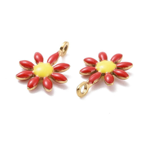 BeadsBalzar Beads & Crafts RED / GOLD (SF8722-01G) (SF8722-X) 304 Stainless Steel Charms, with Enamel, Flower, 7.5x10mm (5 PCS)