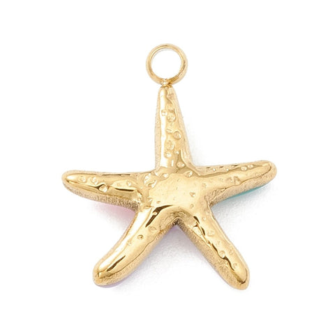 BeadsBalzar Beads & Crafts (SS8768M) Ion Plating(IP) 304 Stainless Steel Enamel Charms, Golden, Starfish, Colorful, 14x12x3mm (2 PCS)