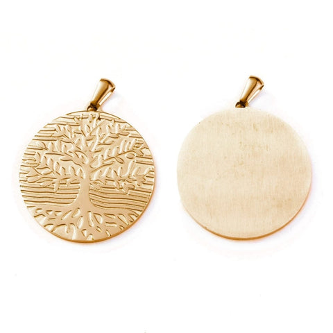 BeadsBalzar Beads & Crafts (ST9151-IG) Flat Round with Tree of Life Ion Plating(IP) 304 Stainless Steel Pendants, Golden, 32x30x1.5mm (1 PC)