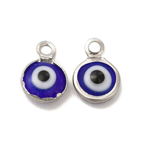 BeadsBalzar Beads & Crafts STAINLESS STEEL /BLUE (SE8940-P) (SE8940-X) 304 Stainless Steel with Glass Enamel with Evil Eye, 9.5x6.5mm (6 PCS)