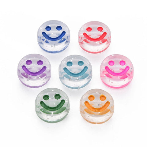 BeadsBalzar Beads & Crafts Transparent Acrylic Beads, Horizontal Hole, with Glitter Powder & Enamel, Flat Round with Smile Face, Mixed Color, 10x5mm