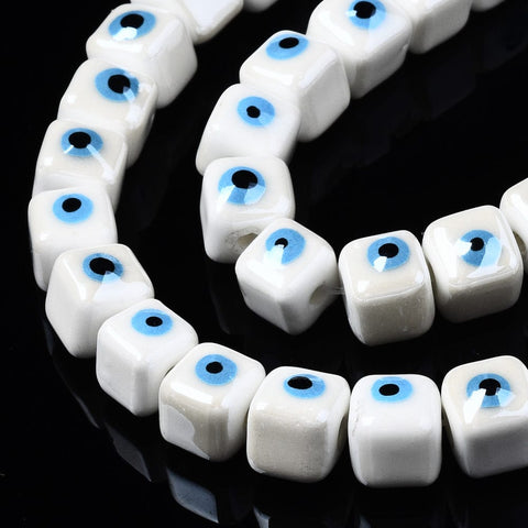 BeadsBalzar Beads & Crafts WHITE (CE8927-N) (CE8927-X) Porcelain Ceramic, Bright Glazed Porcelain, Cube with Evil Eye, 9.5x8.5x8.5mm (10 PCS)