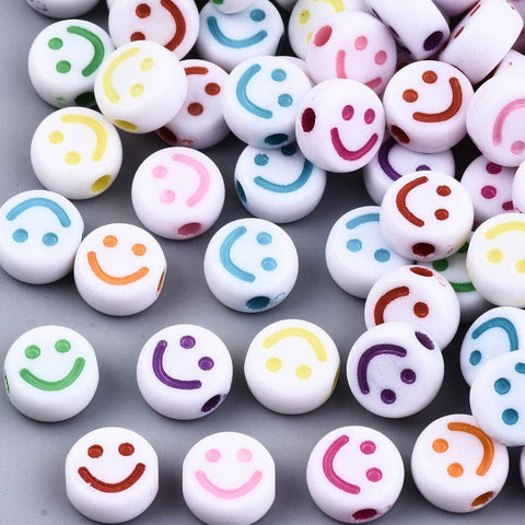 BeadsBalzar Beads & Crafts (AB7506-1) Opaque Craft Acrylic Beads, Flat Round with Smiling Face, Mixed 10mm (10 GMS)