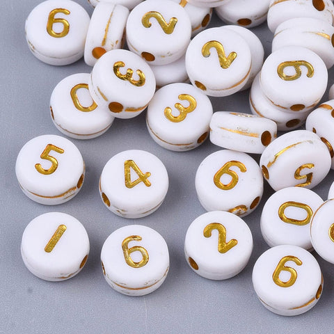 BeadsBalzar Beads & Crafts (AN6750A) Plating Acrylic Beads, Golden Metal Enlaced, Flat Round with Number, White, Mixed Size: about 7mm in diameter, 4mm thick, hole: 1.2mm
