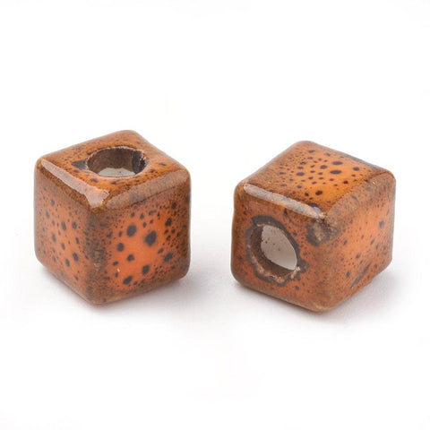 BeadsBalzar Beads & Crafts (CP6646C) DARK ORANGE (CP6646X) Handmade Porcelain Beads, Fancy Antique Glazed Style, Cube, Mixed Color Size: about 10MM, Hole 4mm (6 PCS)