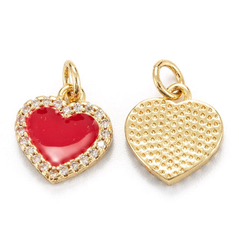 BeadsBalzar Beads & Crafts (GQH8029-RED) Brass Micro Pave Clear Cubic Zirconia  Heart, Red, 12x11x2mm (2 PCS)