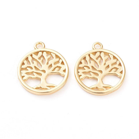 BeadsBalzar Beads & Crafts (GQT8312-G) Brass Flat Round with Tree of Life, Real 18K Gold Plated 15x18mm (4 PCS)