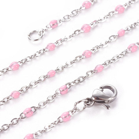 BeadsBalzar Beads & Crafts (SC6776B) ST.STEEL / PINK (SC6776X) 304 Stainless Steel Cable Chain Necklaces, with Enamel Links and Lobster Claw Clasps, Solder,(45cm) long
