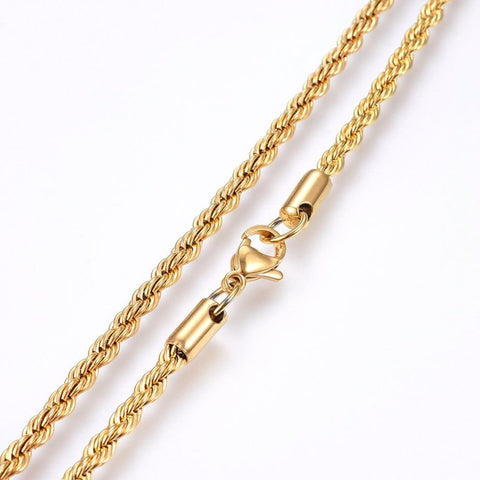 BeadsBalzar Beads & Crafts (SC6925B) 304 Stainless Steel Rope Chain Necklaces, Golden (50cm) long, 3mm wide