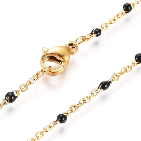 BeadsBalzar Beads & Crafts (SC8703-01B) 304 Stainless Steel Chain Necklaces, with Enamel Links, Golden, Black 45.5cm (1 PC)