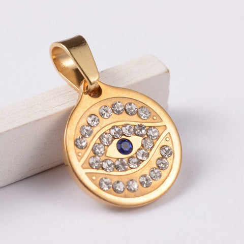 BeadsBalzar Beads & Crafts (SE6033) Flat Round with Eye 304 Stainless Steel Rhinestone Pendants, Golden Size: about 15mm wide, 17mm long,