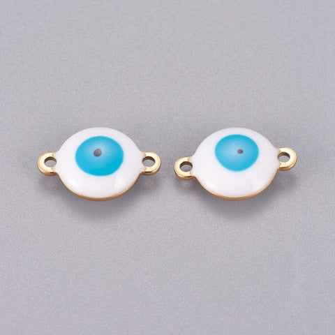 BeadsBalzar Beads & Crafts (SE6060A) GOLD / WHITE/LT BLUE (SE6060X) 304 Stainless Steel Enamel Links, Flat Round with Evil Eye,  10mm wide, 14.5mm long, 4.5mm  (4 PCS)