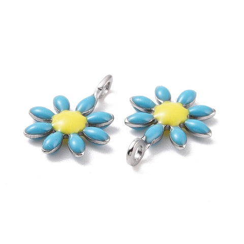 BeadsBalzar Beads & Crafts SKY BLUE (SF8722-10) (SF8722-X) 304 Stainless Steel Charms, with Enamel, Flower, 7.5x10mm (5 PCS)