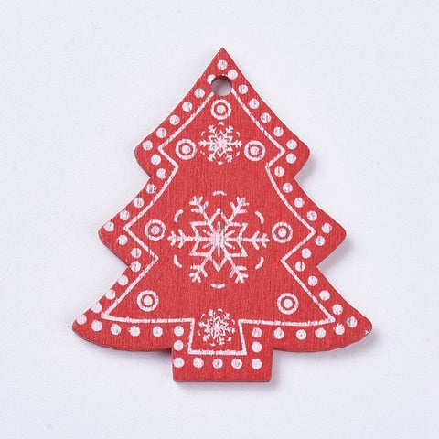 BeadsBalzar Beads & Crafts Wood Big Pendants, Christmas Tree with Snowflake , Red 49MM (WB5229)