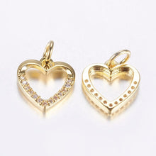 Load image into Gallery viewer, BeadsBalzar Beads &amp; Crafts 18KT. GOLD PLATED (GQH8773-G) (GQH8773-X) Brass Micro Pave Cubic Zirconia Charms, Hollow Heart,  11.5x11x2mm (2 PCS)
