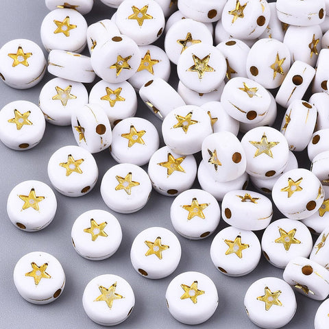 BeadsBalzar Beads & Crafts (AB9058-A) Opaque Acrylic, Flat Round with Star, White, Golden Plated 7x4mm (+/- 100PCS)