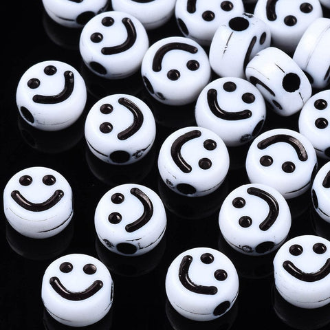 BeadsBalzar Beads & Crafts (AB9062-A01) Opaque Acrylic Beads, Flat Round with Smiling Face, White 7x4mm (100 PCS)