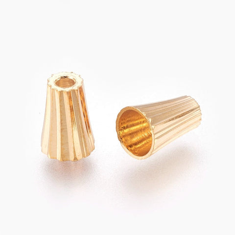 BeadsBalzar Beads & Crafts Brass Bead Cones, Real 18K Gold Plated Size: about 7mm long, 5mm in diameter, hole: 1.5mm; inner diameter: 4mm.