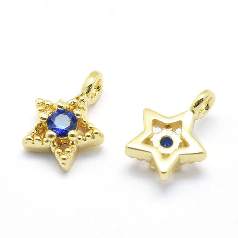 BeadsBalzar Beads & Crafts Brass Charms, with Cubic Zirconia, Star, Blue, Real 18K Gold Plated, 11x7.5x4mm