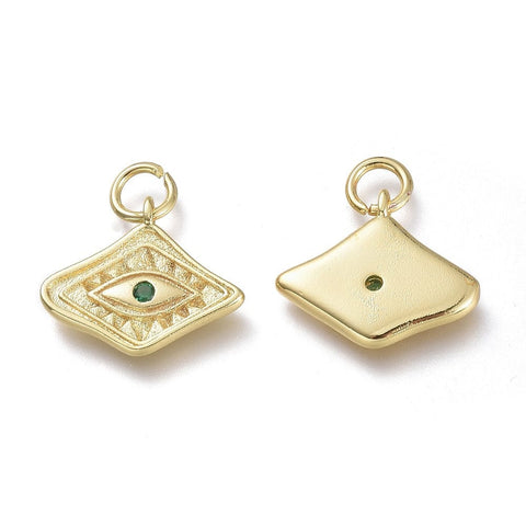 BeadsBalzar Beads & Crafts Brass Micro Pave Cubic Zirconia Pendants, with Jump Rings, Diamond with Evil Eye, Real 18K Gold Plated, Dark Green, 13x15x2mm, Hole: 3.6mm