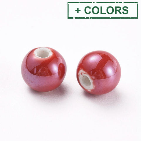 BeadsBalzar Beads & Crafts (CB8994-X) Handmade Porcelain Beads, Pearlized, Round, Red 10mm (10 PCS)