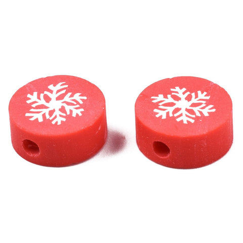 BeadsBalzar Beads & Crafts (CB9050-012) Polymer Clay Beads, Christmas Style, Flat Round with Snowflake, Red, 9x4mm (40 PCS)