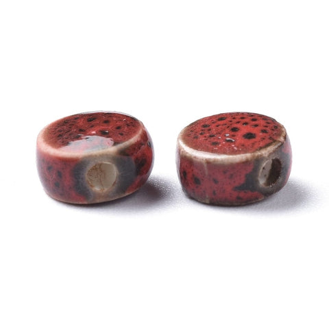 BeadsBalzar Beads & Crafts (CB9060-5) Handmade Porcelain Beads, Glazed Porcelain, Flat Round, Dark Red 8mm (10 PCS)
