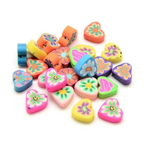 BeadsBalzar Beads & Crafts (CF9133-M) Polymer Clay Beads, Heart with Flower, Mixed Color 10mm (30 PCS)