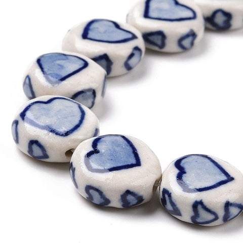 BeadsBalzar Beads & Crafts (CH9117-04) Porcelain Beads, Flat Round with Heart Pattern, Dark Blue, 14~14.5x6.5~7mm (2 PCS)