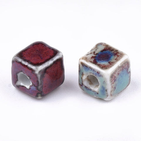 BeadsBalzar Beads & Crafts COLORFUL (CB8942-37A) (CB8942-X) Glazed Porcelain Beads, Cube, 8mm (10 PCS)