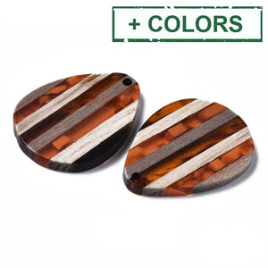 BeadsBalzar Beads & Crafts (OR8784-X) Stripe Resin & Walnut Wood Pendants, Teardrop, 36x26x3mm (2 PCS)